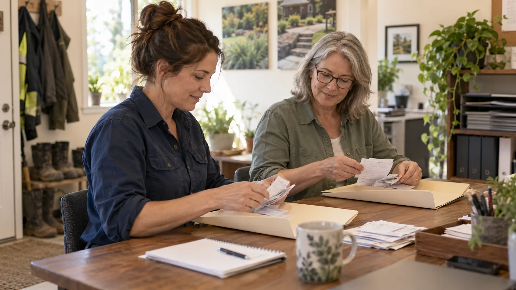 Contractor and office manager sorting job receipts and time records beside project folders