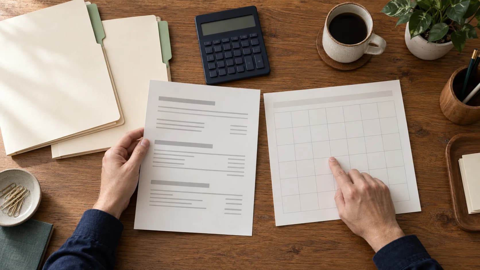 Hands reviewing organized job folders and a project summary beside a calendar and calculator