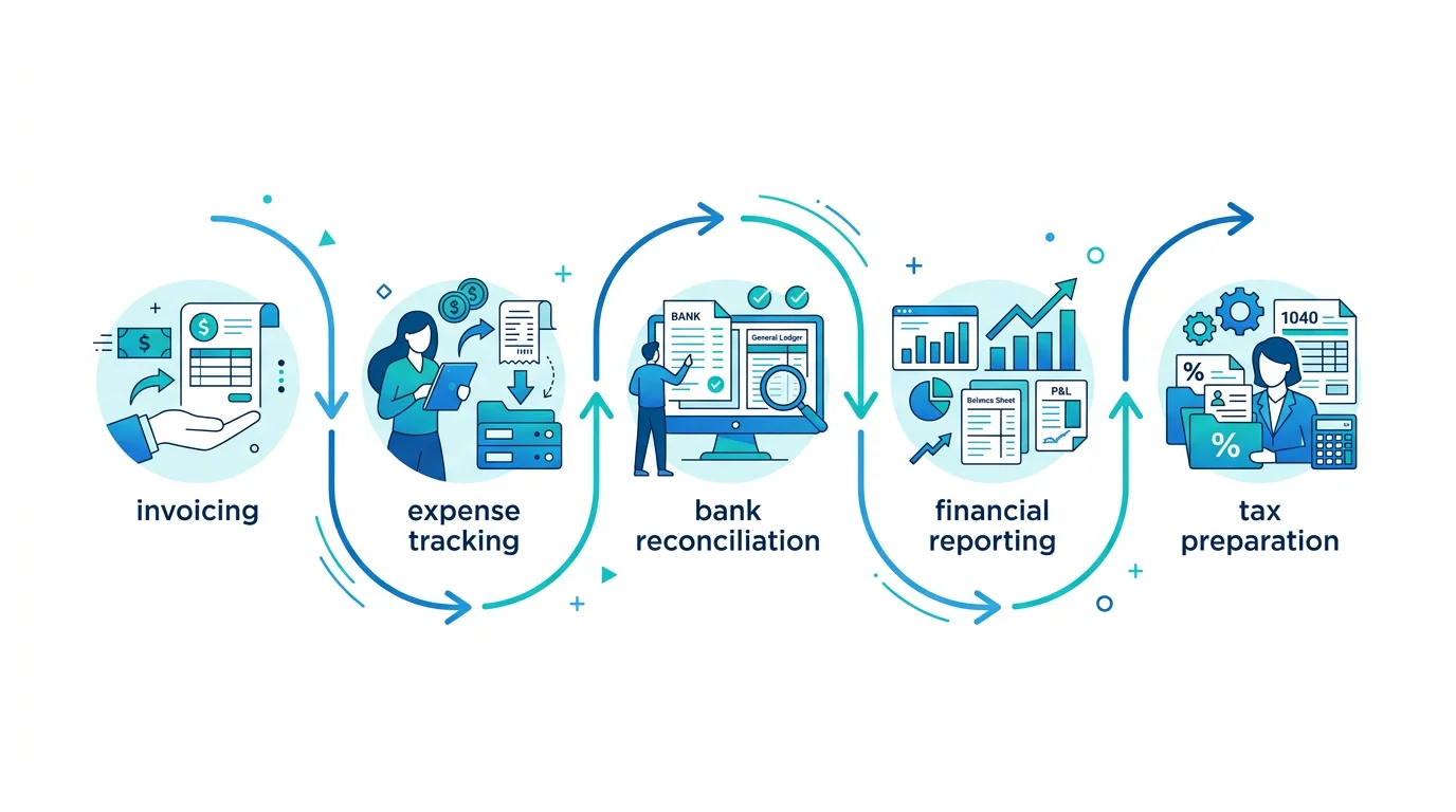 Small business bookkeeping cycle infographic showing invoicing, expense tracking, reconciliation, and reporting