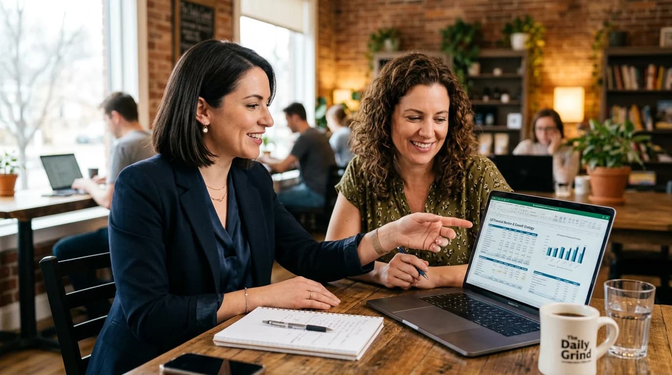 Businesswoman collaborating with small business owner on bookkeeping and financial planning