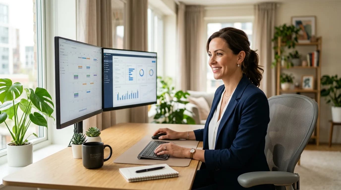Executive assistant services - professional working at an organized modern home office