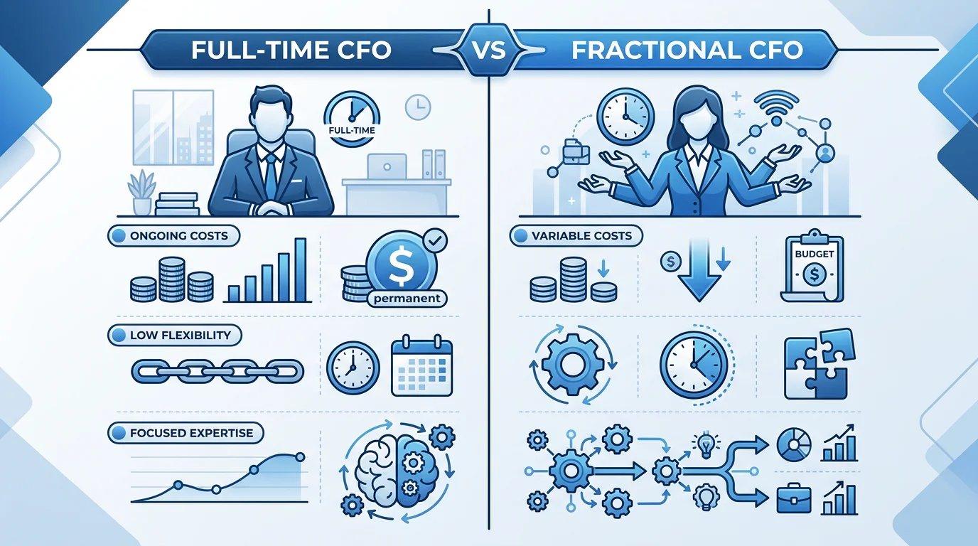Comparison infographic showing full-time CFO versus fractional CFO cost and flexibility differences