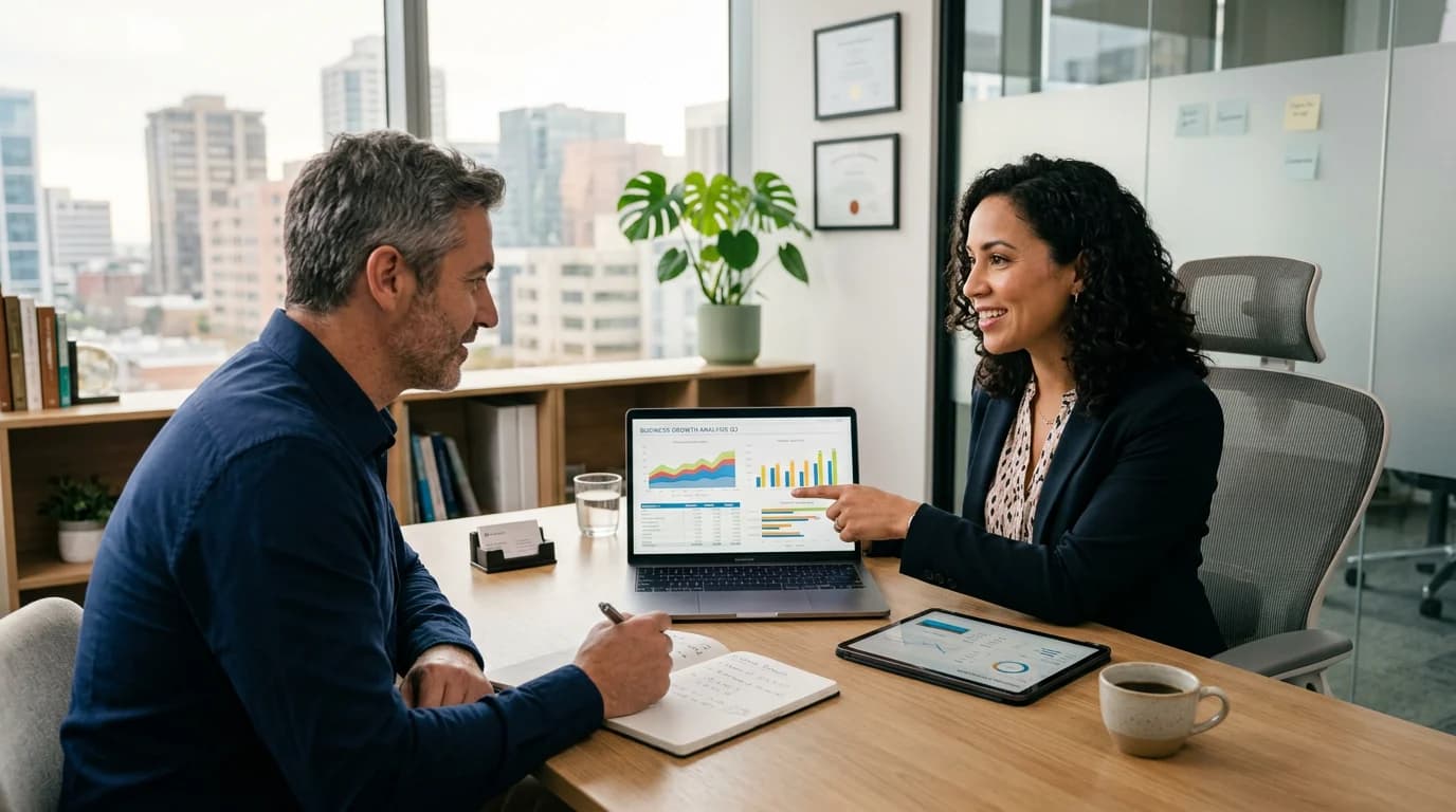 Financial advisor reviewing charts and growth projections with a small business owner