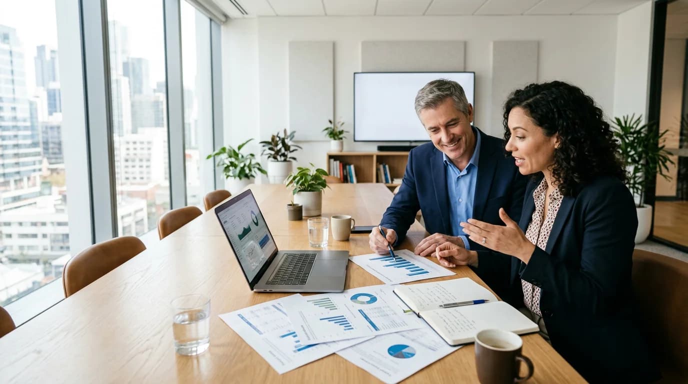 Small business owner and fractional CFO collaborating over financial documents in a modern office