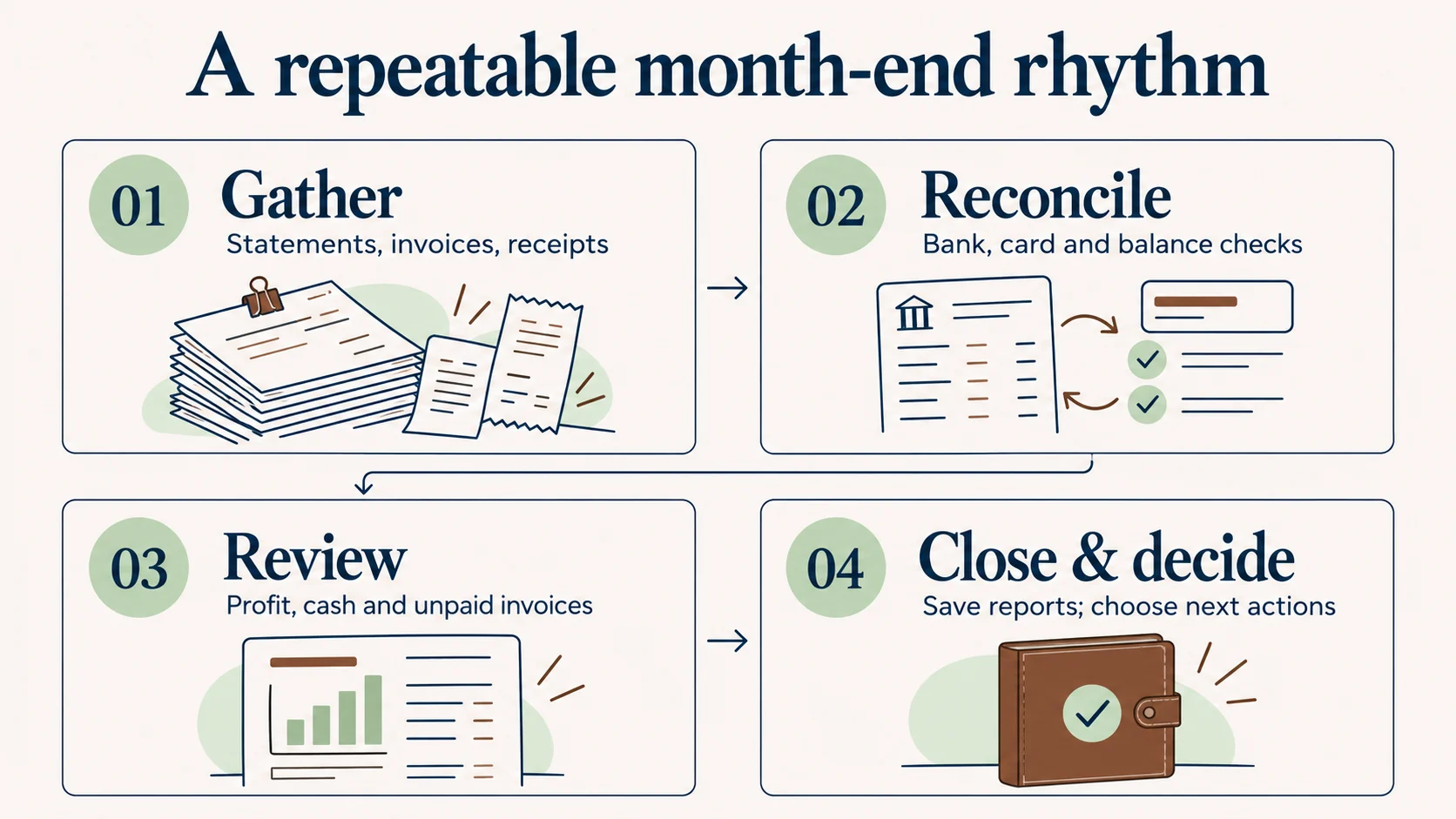 Four-stage month-end rhythm: gather statements, invoices and receipts; reconcile accounts; review profit, cash and unpaid invoices; save reports and choose next actions