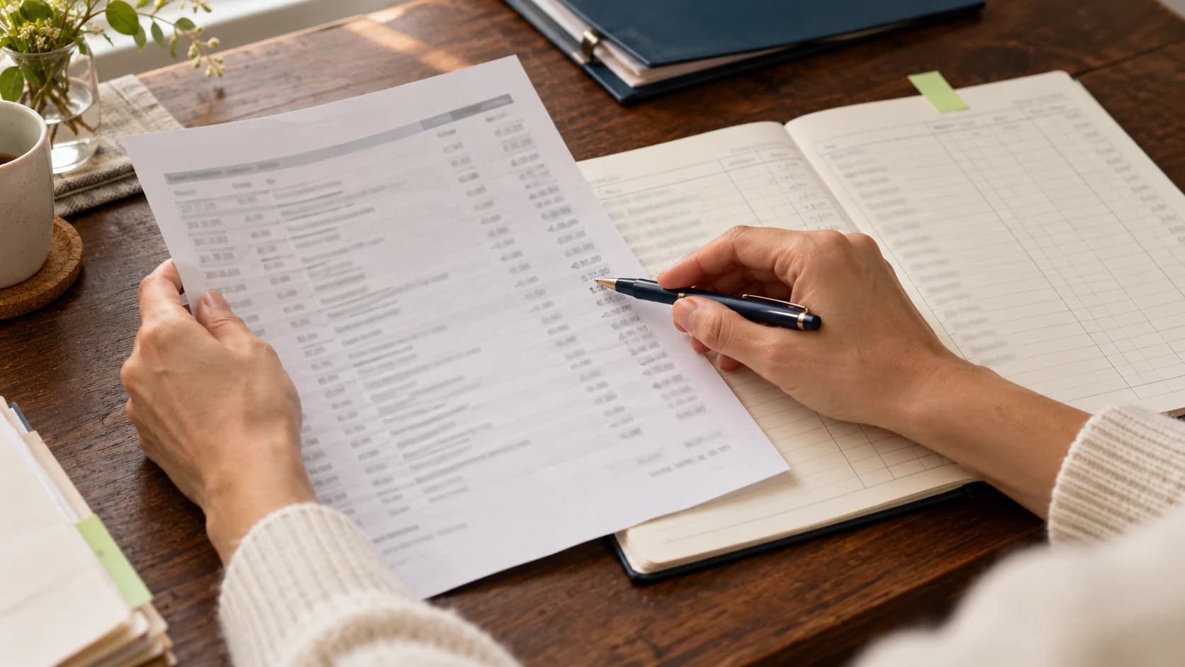 Hands comparing a printed statement with entries in an open ledger