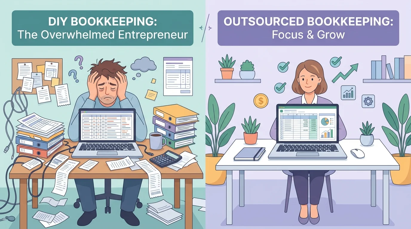 Comparison of DIY bookkeeping chaos versus outsourced bookkeeping organization