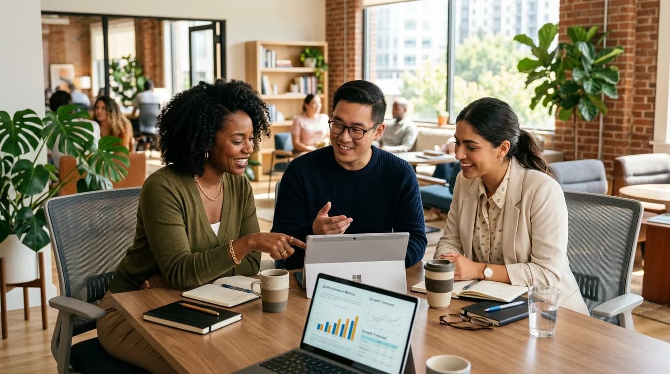 Small business team collaborating on financial planning in modern office setting