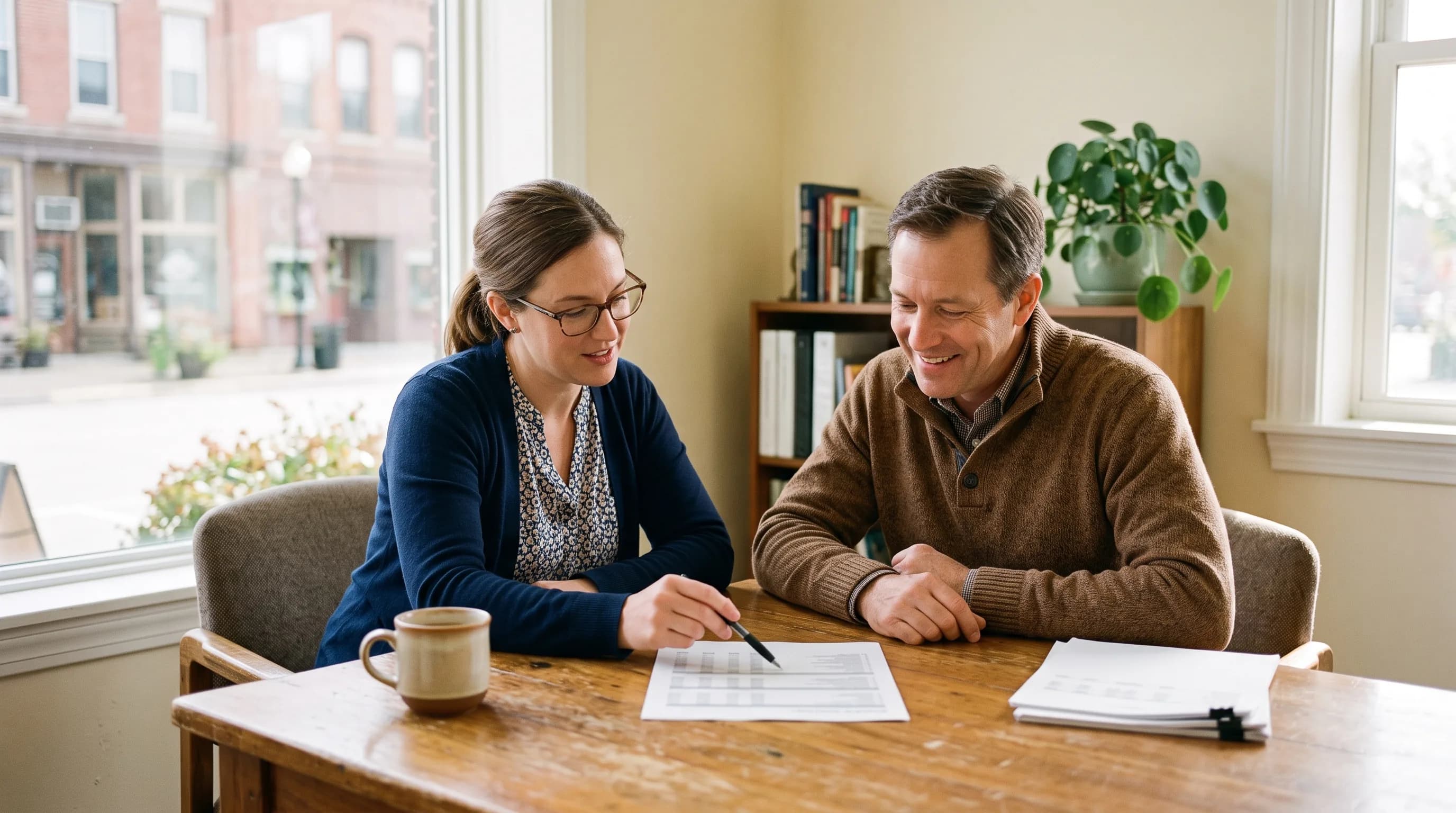 Two people reviewing printed financial reports together at a wooden table