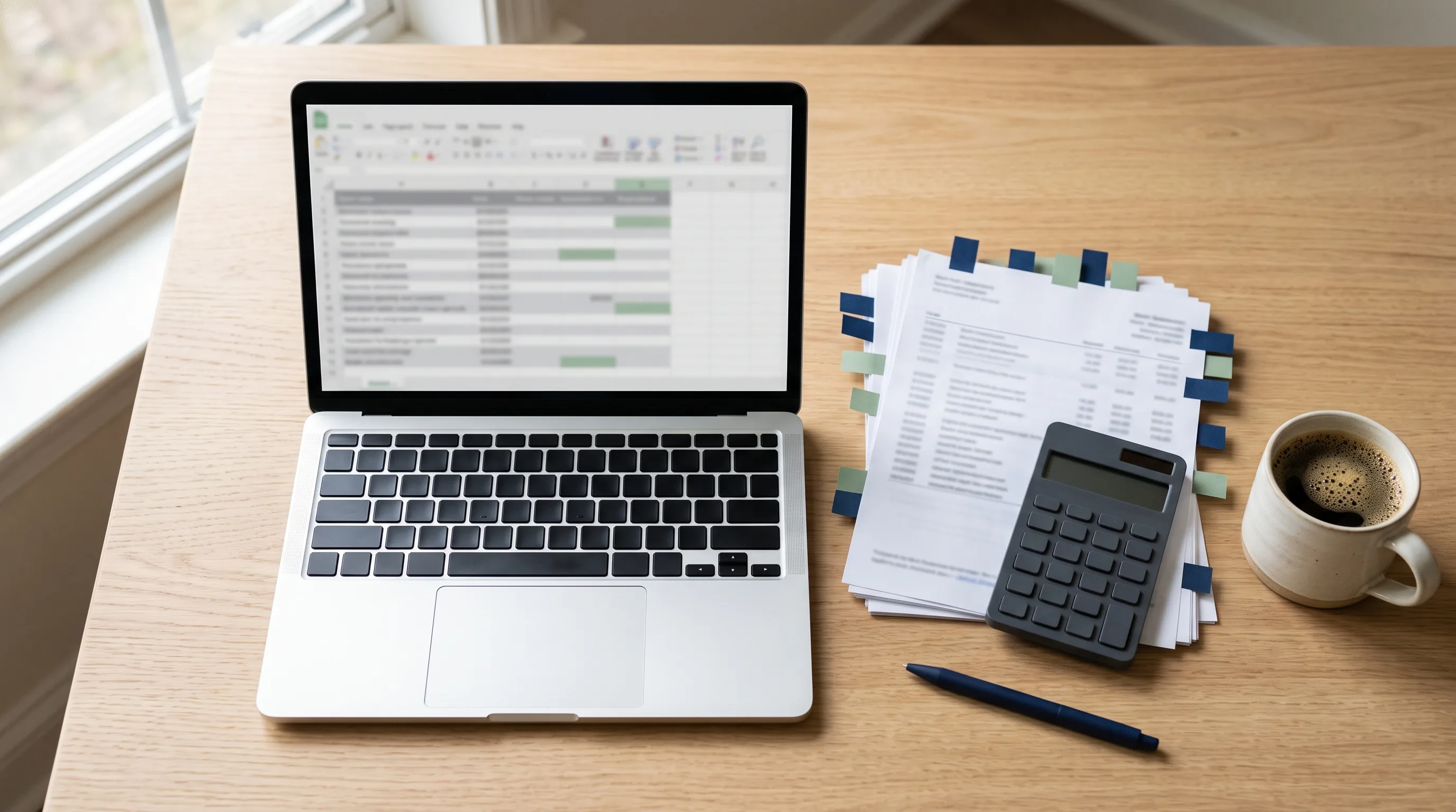 Laptop, printed financial statements with colored tabs, calculator, and coffee on a wooden desk