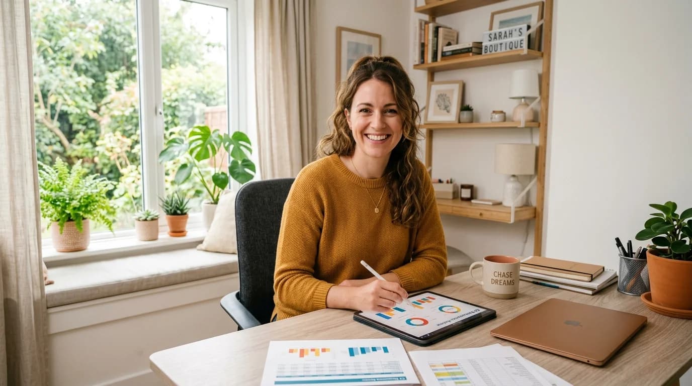 Small business owner confidently reviewing financial documents on a tablet in a bright home office