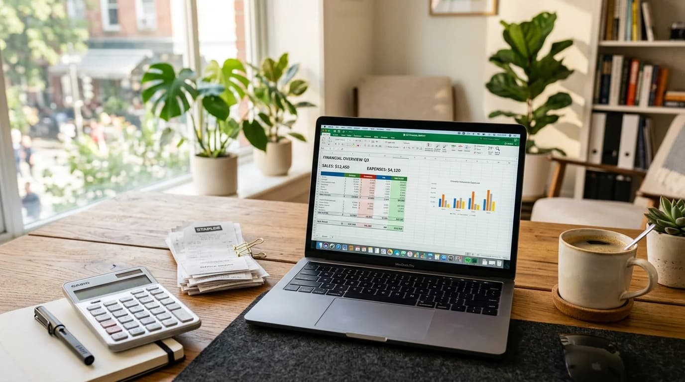 Small business bookkeeping - entrepreneur organizing financial records at a modern workspace