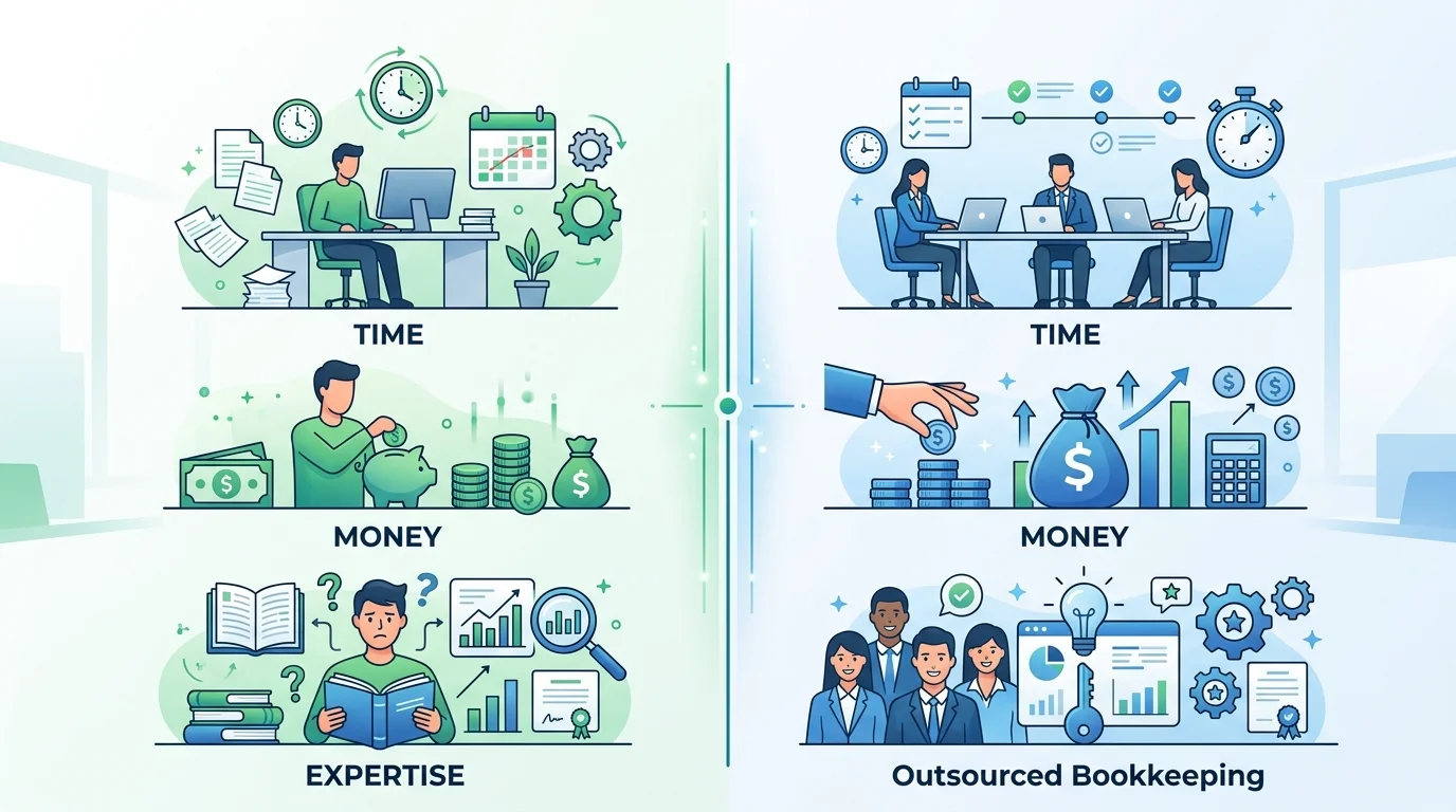 DIY vs outsourced bookkeeping comparison infographic