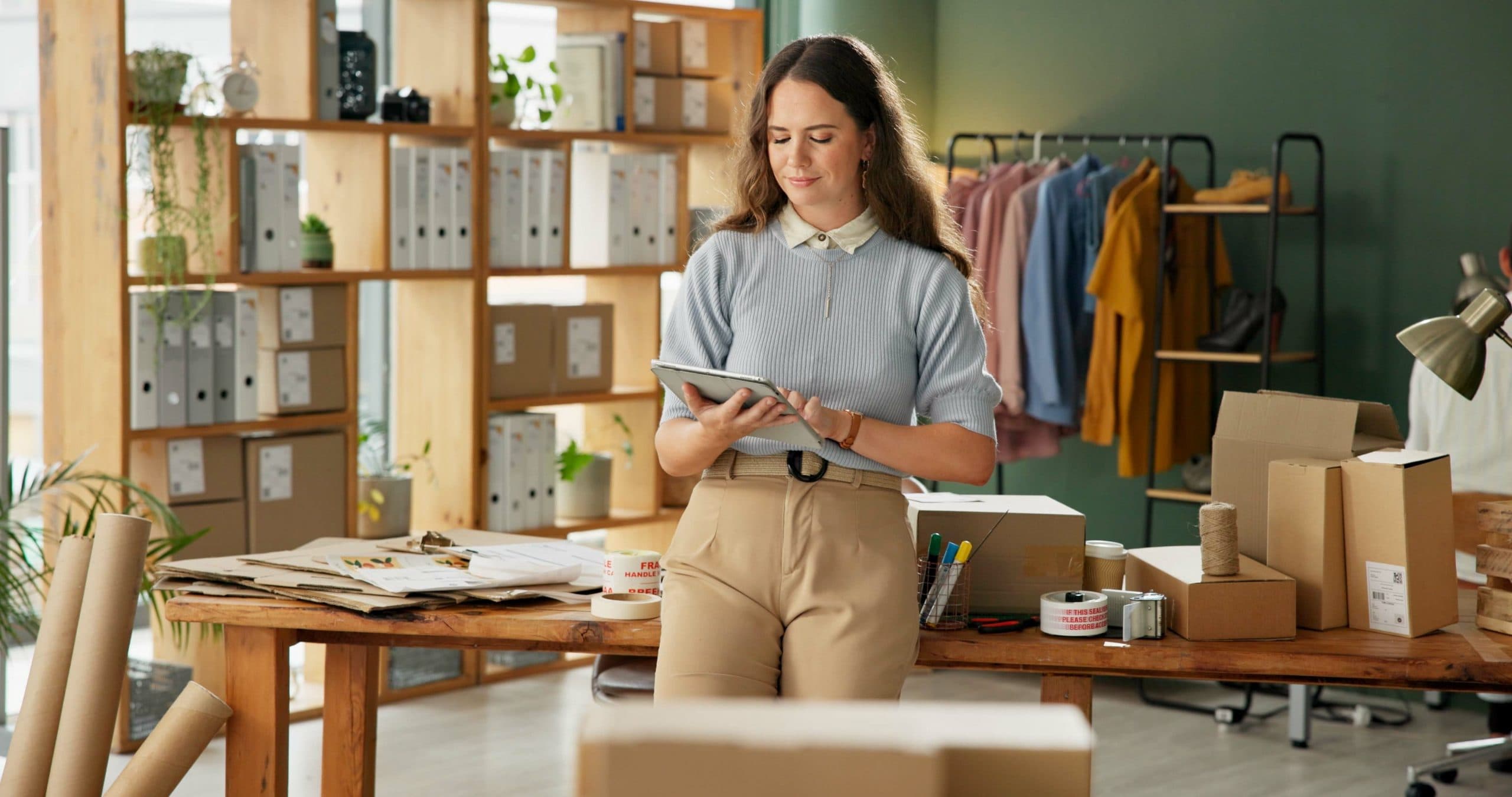Small business owner reviewing inventory with a tablet