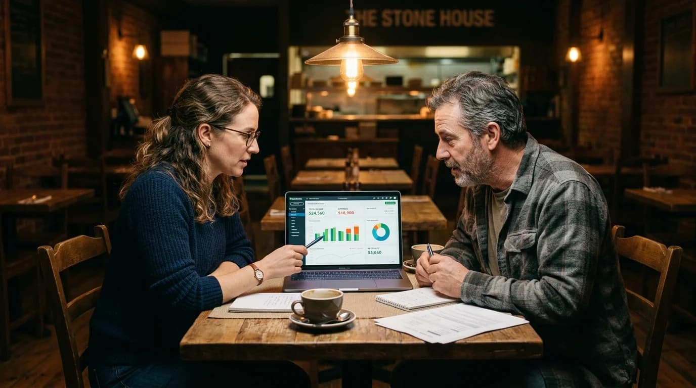 Business owners reviewing finances over coffee