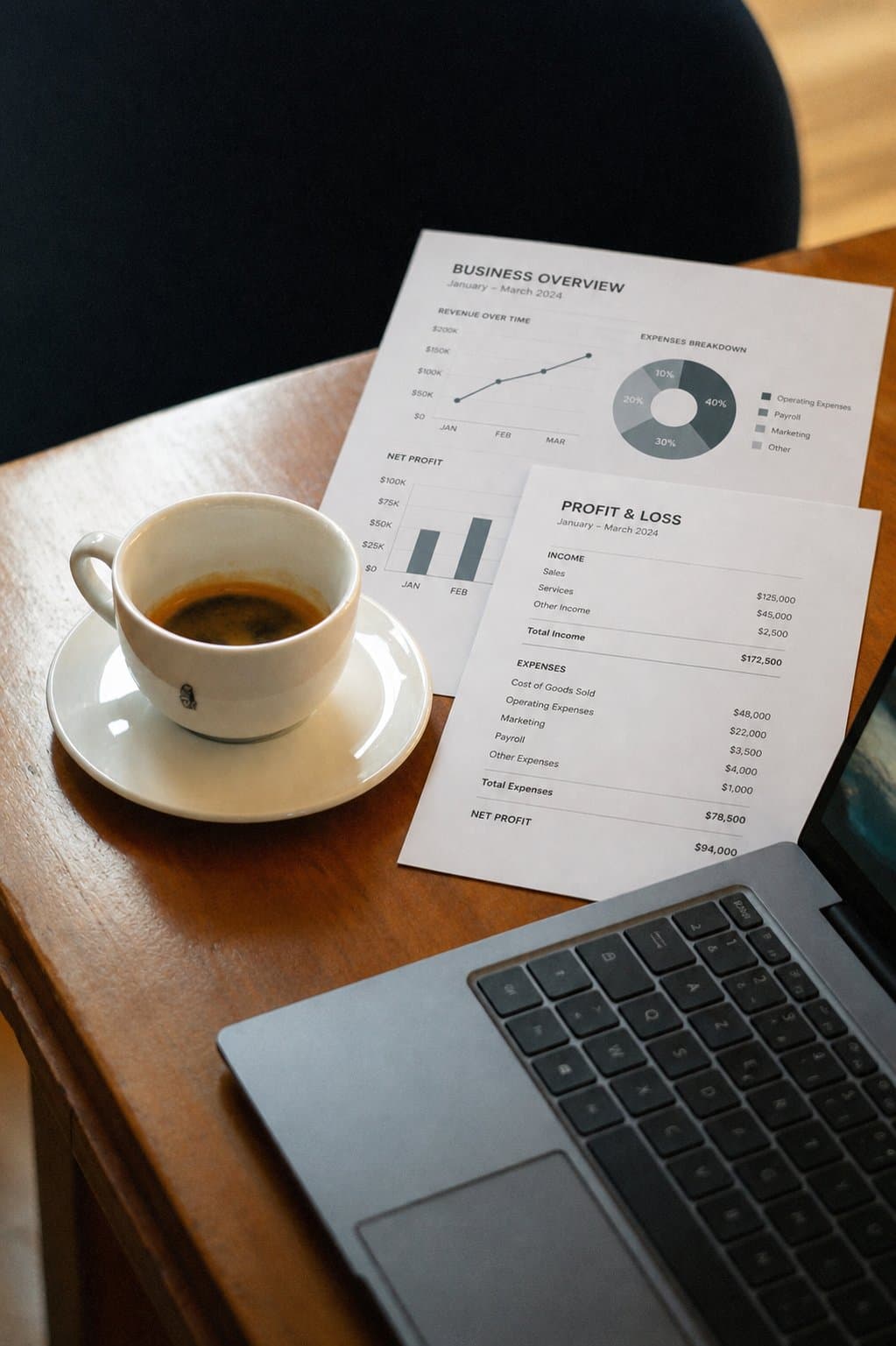 Coffee, laptop, and financial reports on a desk
