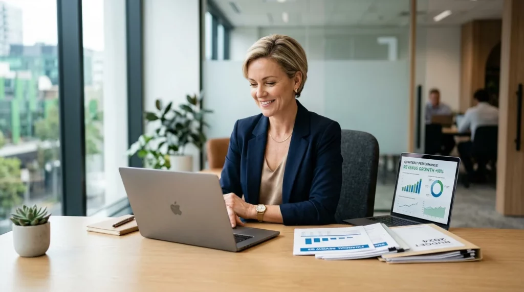 Outsource bookkeeping small business - confident business owner reviewing financials