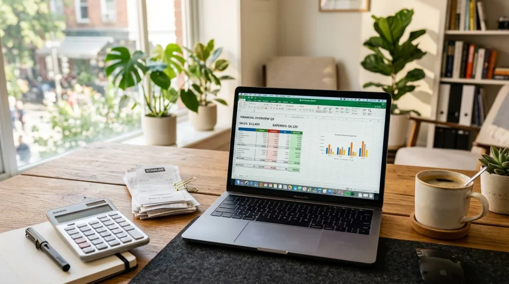 Small business bookkeeping - entrepreneur organizing financial records at a modern workspace